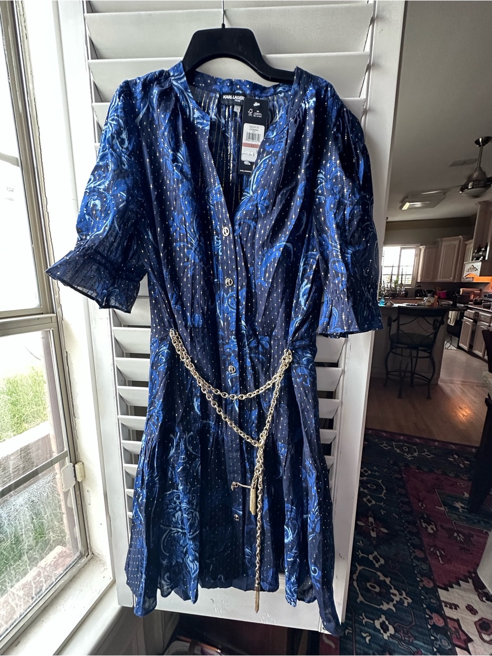 Karl Lagerfeld Black and Navy Floral Midi Dress with Chain Belt - Picture 5 of 9